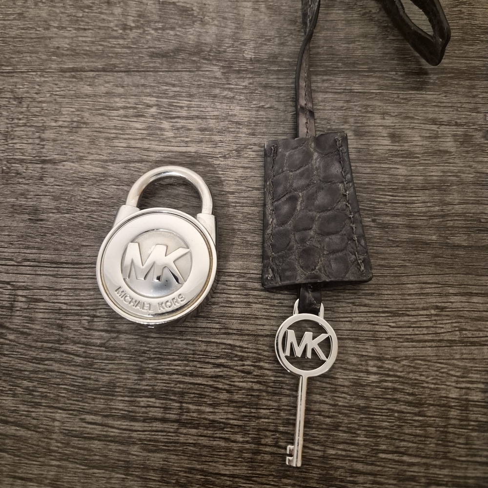 Michael Kors Gray Croc Embossed Silver Key And Lock Set